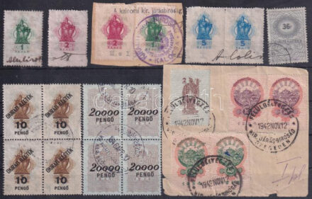 1934-1942 20 db régi illetékbélyeg, közte kivágások és négyestömbök