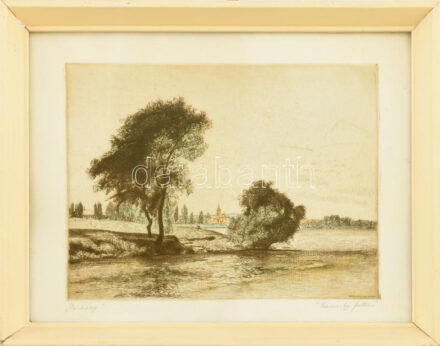 Kaveczky Zoltán (1897-1965): Párkány, színezett rézkarc, papír, jelzett, üvegezett fakeretben, 18×24 cm
