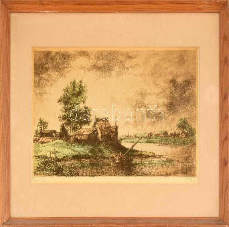 Görög Rezső (1930-?): Reggel a vízen. Színezett rézkarc, papír, jelzett, üvegezett fakeretben, 24x38 cm