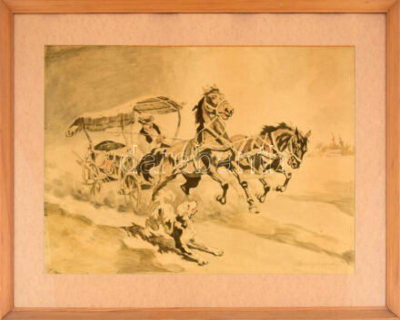 Benyovszky István (1898-1969): Vágta. Színezett rézkarc, papír, jelzett. Üvegezett fakeretben, 38x54 cm