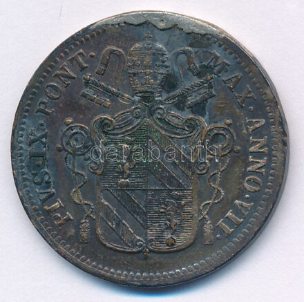 Olasz Államok / Pápai Államok 1853R 1b Cu 'IX. Pius' T:VF patina, lapka hiba Italian States / Papal States 1853R 1 Baiocco Cu 'Pio IX' C:VF patina, planchet error Krause KM#1345