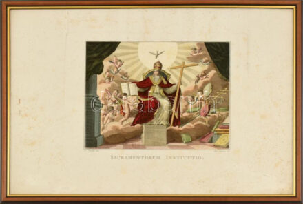 Francesco Novelli (1767-1836) után, Antonio Regona (1760-1853) metszése: Sacramentorum institutio. Színezett rézmetszet, papír, jelzett a metszeten. Foltos. Lapszéli apró sérüléssel. Üvegezett fakeretben. 20x26 cm