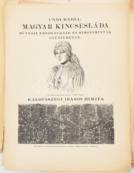 cca 1940 Hímzésminta-gyűjtemény, közte kézzel rajzolt kalotaszegi írásos minták, ill. Undi Mária: Magyar kincsesláda - Művészi, eredeti rajz- és hímzésminták gyüjteménye c. munkájának mellékletei; összesen kb. 25-30 db.