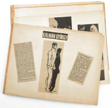 Kálmán György (1925-1989) Kossuth- és Jászai Mari-díjas színészről készített összeállítás, lapokra ragaszott kivágásokkal, fotókkal, össz. 30 oldalon, közte egy autográf aláírt fotója is. Vegyes állapotban.