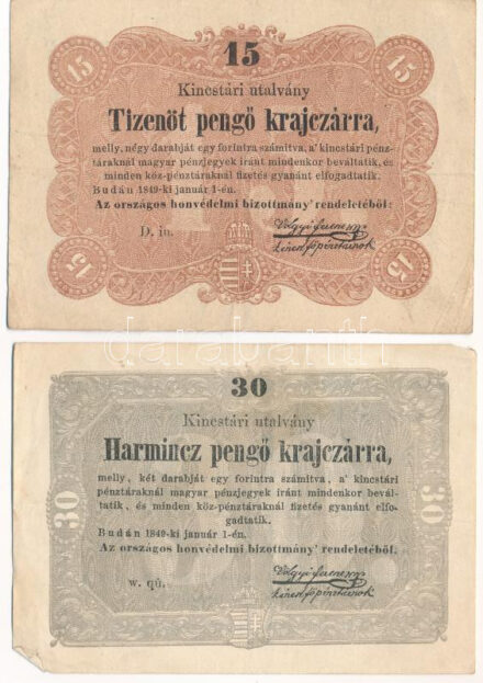 1849. 15kr + 30kr 'Kossuth bankó' T:F folt, az egyik hátoldalán kis anyaghiány Adamo G102, G103
