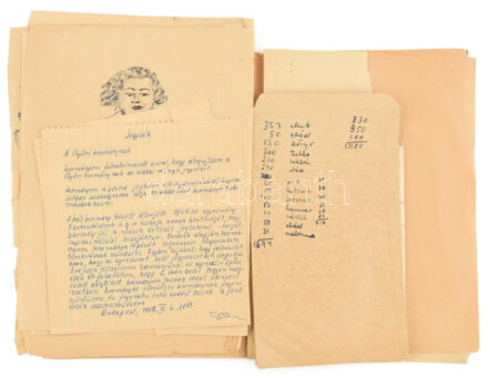 Győri Ilona (1929-2001) Jászai Mari-díjas színésznő hagyatékából származó kéziratok: kézzel írt (ön)életrajzi vázlat, különböző feljegyzések, levelek, rajzok; összesen kb. 15 db, vegyes állapotban