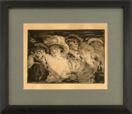 Prihoda István (1891-1965): Vidám társaság. Rézkarc, papír, jelzett. Üvegezett fakeretben. 21,5x30,5 cm