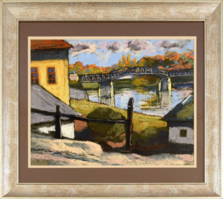 Bányász István, működött a XX. sz. első felében, 1924-ben Nagybányán tanult: Sárospataki híd. Pasztell, papír. Jelezve középen lent: Bányász, Spatak. Üvegezett fakeretben. 31,5x42 cm.