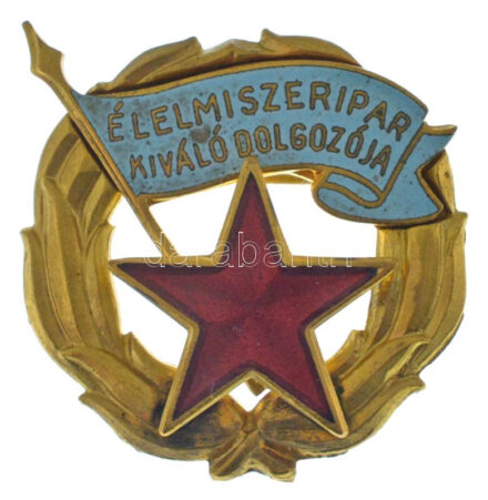 1956. 'Élelmiszeripar Kiváló Dolgozója' aranyozott, zománcozott fém kitüntetés eredeti, Rákosi-címeres bakelit dísztokban, igazolvánnyal, az adományozásról szóló újságcikkel T:AU tok bélésének a ragasztása az egyik oldalon