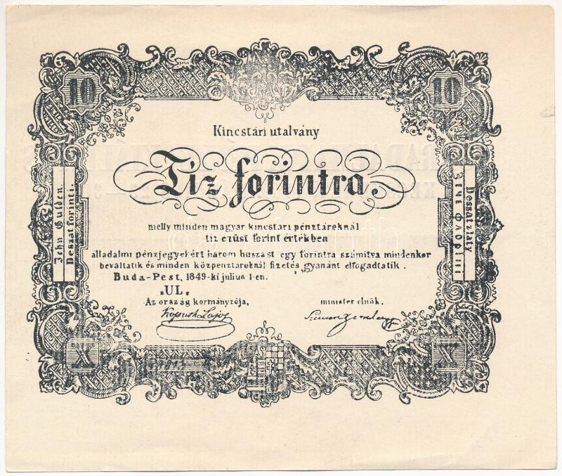 1849. 10Ft 'Kincstári utalvány' utánnyomat hátoldalán 'Forradalmaink Pénzei Kiállítás Kecskemét, 1969. március 23-30' bélyegzéssel T:XF,VF