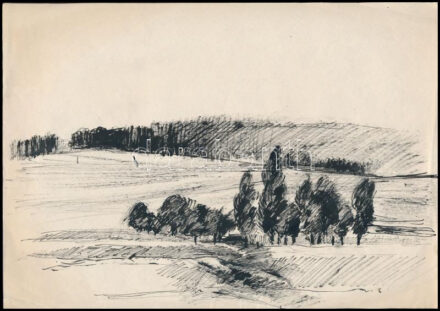 Konstantin László (1930- ): Táj (tanulmány). Tus, papír, jelzett a hátoldalon, 21x29,5 cm