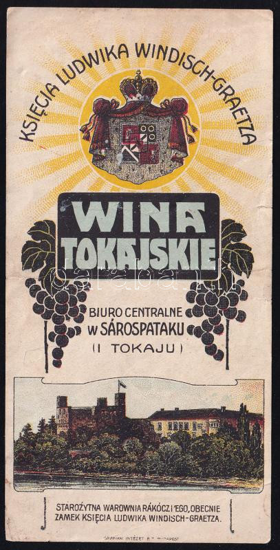 Herceg Windischgraetz Tokaji borok-lengyel nyelvű számolócédula, hajtott, szakadással