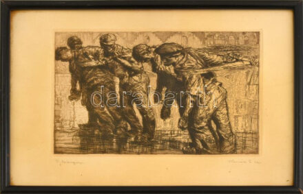 Horváth Endre (1896-1954) és olvashatatlan jelzéssel: Munkások (hajóvontatók?). Rézkarc, papír, jelzett, üvegezett fakeretben, 16x23 cm