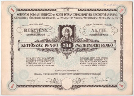 Budapest 1940. 'Kőbányai Polgári Serfőző és Szent István Tápszerművek Részvénytársaság' részvénye 200P-ről, magyar és német nyelven, szárazpecséttel T:AU / Hungary / Budapest 1940. 'Kőbányai Polgári Serfőző és Szent