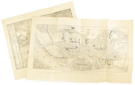 cca 1896 Buda és Pest térképe, készítette: Tomala Nándor 1836-ban + Pestnek rajzterve az 1838-dik évi vízáradat következtében munkába vett rendezésével együtt. Budapest műszaki útmutatója I.-II. tábla. Kis lapszéli szakadással,