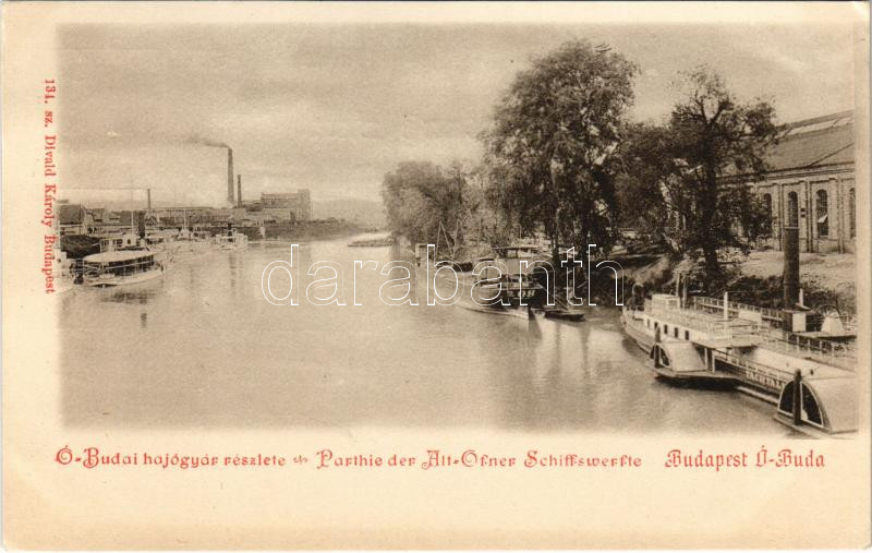 Budapest III. Óbudai hajógyár részlete, 'Tachtalia' kerekes személyszállító gőzhajó, DDSG 208-as számú uszály, Divald Károly 134. sz. (EK)