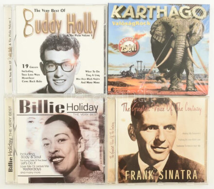 Vegyes CD tétel, 4 db: The very best of Buddy Holly (Musicbank Ltd 2000), The very best of Billie Holiday (Musicbank Ltd 2000), Frank Sinatra - The greatest vioice of the century (Bellevue Entertainment), Karthago - ValóságRock (EMI,2004.)