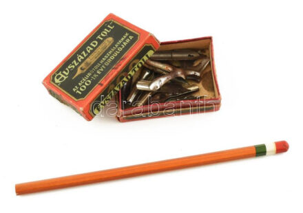 cca 1920-1940 Schuler József Rt. Budapest, 'Évszázad toll' papírdoboz, benne vegyes tollhegyek + használatlan grafitceruza