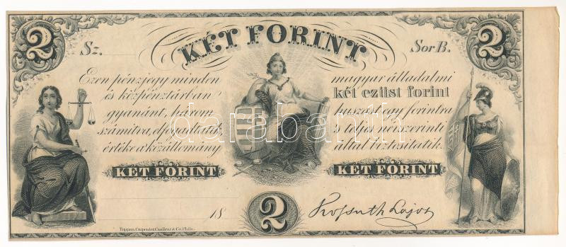 ~1852-1860. 2Ft 'Kossuth bankó', 'B' sorozat, kitöltetlen T:UNC,AU Hungary ~1852-1860. 2 Forint 'B' without date and serial number C:UNC,AU Adamo G123