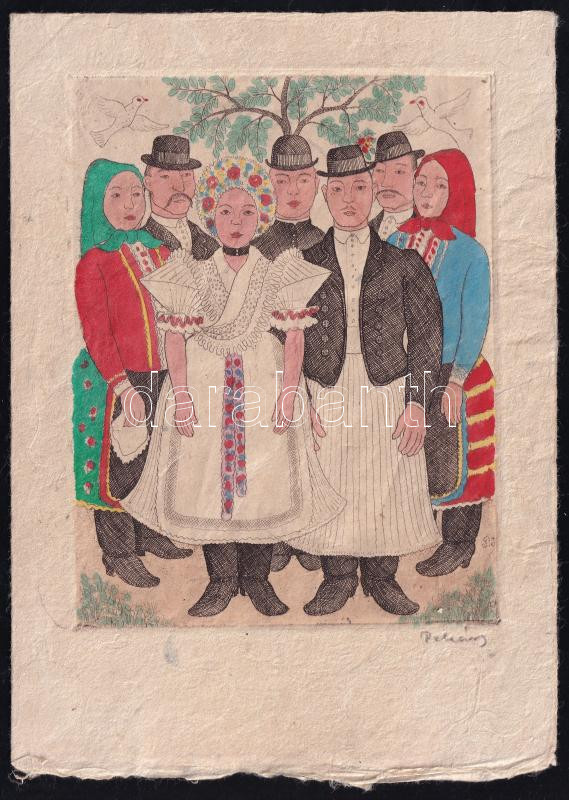 Pekáry István (1905-1981): Társaság népviseletben. Rézkarc, akvarell, papír. Jelzett. 13x10 cm