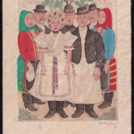 Pekáry István (1905-1981): Társaság népviseletben. Rézkarc, akvarell, papír. Jelzett. 13x10 cm