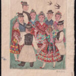 Pekáry István (1905-1981): Táncolók népviseletben. Rézkarc, akvarell, papír. Jelzett. 13x10 cm