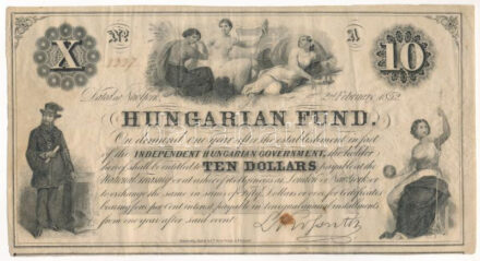 1852. 10$ 'A' 'Kossuth bankó' piros kézi sorszámozással '8337' T:F folt Hungary 1852. 10 Dollars 'A' 'Hungarian Fund' handwritten red serial number '8337' C:F spot Adamo G119