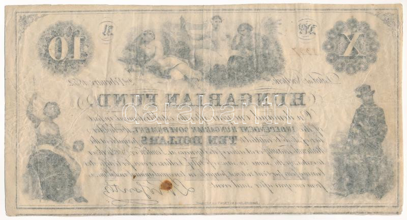 1852. 10$ 'A' 'Kossuth bankó' piros kézi sorszámozással '8337' T:F folt Hungary 1852. 10 Dollars 'A' 'Hungarian Fund' handwritten red serial number '8337' C:F spot Adamo G119 - Image 2