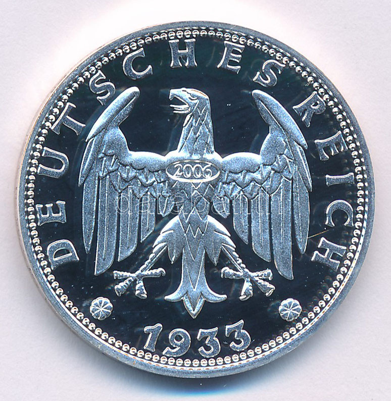 2006. A Németország / Weimar Köztársaság 1933G 3M érme jelzett utánverete T:PP kis patina 2006. The Germany / Weimar Republic 1933G 3 Mark marked restrike C:PP small patina - Image 2