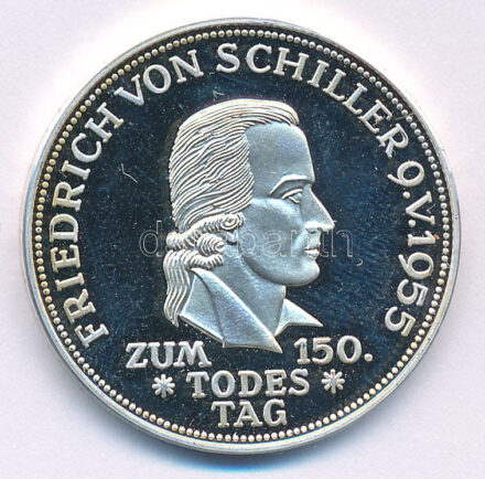 2006. A NSZK 1955F 5M 'Friedrich von Schiller halálának 150. évfordulója' érme jelzett utánverete T:PP fo., ujjlenyomat 2006. The 1955F 5 Mark '150th Anniversary of the Death of Friedrich von Schiller' marked restrike C:PP spotted,