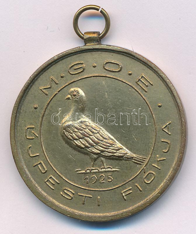 1928. 'MGOE Újpesti Fiókja / 1928. évi kiállításának I. díja' kétoldalas, aranyozott bronz díjérem füllel. Szign.: Dömötör (36mm) T:AU,XF