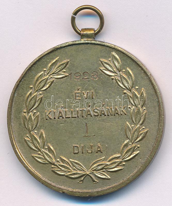 1928. 'MGOE Újpesti Fiókja / 1928. évi kiállításának I. díja' kétoldalas, aranyozott bronz díjérem füllel. Szign.: Dömötör (36mm) T:AU,XF - Image 2