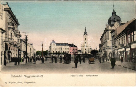 Nagykanizsa, Fő tér a felső templommal, gyógyszertár, üzletek. Ifj. Wajdits József kiadása (EK)