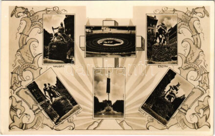 Budapest V. Szabadság tér, Irredenta szoborcsoport, Észak, Dél, Nyugat és Kelet szobrai, Országzászló. 'Igazságot Magyarországnak' / Hungarian irredenta propaganda, 'Justice for Hungary'