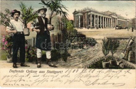 1904 Stuttgart, Duftende Grüsse aus Stuttgart / gardeners, tram (EK)