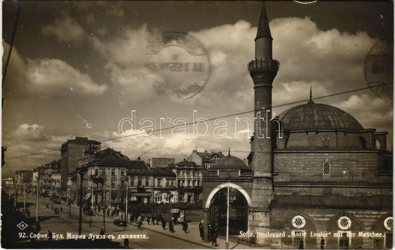 1931 Sofia, Sophia, Sofiya; Boulevard Marie Louise mit der Moschee / street view, mosque, automobile, shops