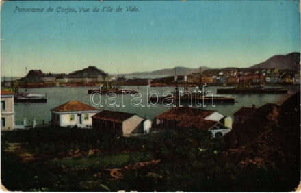 1911 Corfu, Corfou, Kerkyra; Vue de l'Ile de Vido / general view, battleships (worn corners)
