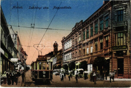 1948 Miskolc, Széchenyi utca, Nagyszálloda, villamos, üzletek (EB)