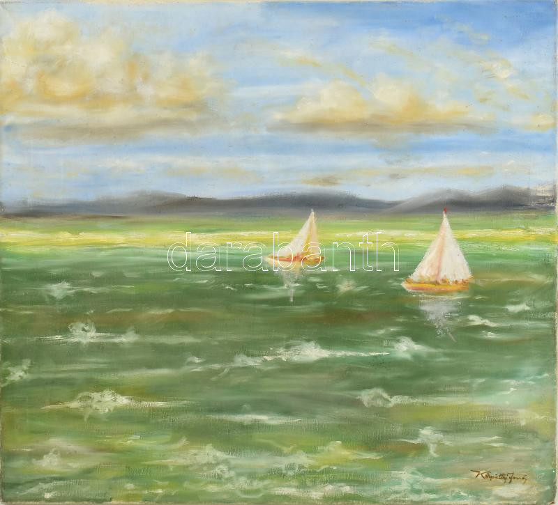 Kárpáthy Jenő jelzéssel: Vitorlások. Olaj, vászon. Javított. 60,5x70 cm