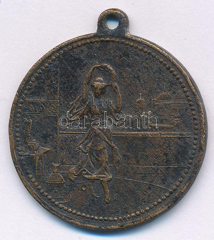 1896. 'Konstantinápoly Budapesten - Emlék' kétoldalas bronz emlékérem füllel a lágymányosi vigalmi negyedből, amely 1896-ban, néhány hónapnyi fennállás után csődbe ment, majd hamarosan a török stílust utánzó épületeket is - Image 2