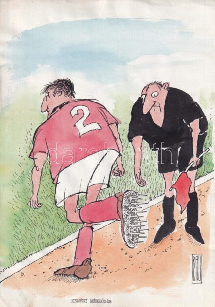 Rau Tibor (1934-2000): Kemény mérkőzés (futball karikatúra). Tus, akvarell, papír. Jelzett. 30x21 cm.