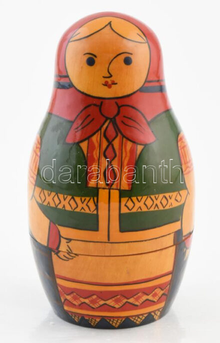 7 darabos, kézzel festett Matrjoska baba, jelzett, m: 15 cm