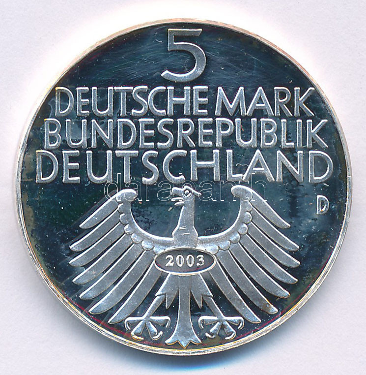 2003. A NSZK 1952D 5M '100 éves a Nürnbergi Múzeum' érme jelzett utánverete T:PP patina 2003. The FRG 1952D 5 Mark 'Centennial of the Germanic Museum in Nürnberg' marked restrike C:PP patina - Image 2