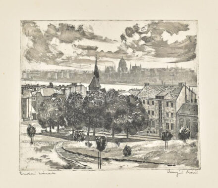 Csurgói Máté Lajos (1931-2001): Budai házak. Rézkarc, papír, kartonra kasírozva, jelzett. Karton jobb alsó sarkán törésnyommal, rézkarc ép. 23x28 cm