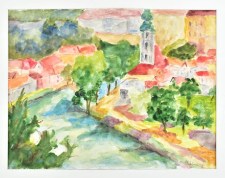 Mártonfi Benke Márta (1958-): Színes város. Akvarell, papír, jelzett. Paszpartuban. 29,5x39 cm