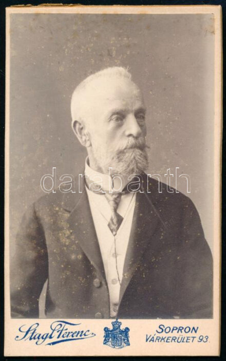 cca 1915 Idős úr portréja, keményhátú fotó Stagl Ferenc soproni műterméből, foltos, 10,5×6,5 cm