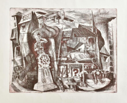 Zé Kovács József (1951-): Modern idők (cím nélkül). Rézkarc, papír, jelzett A karcon, 23,5×30 cm