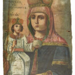 Antik ikon, Salvator mundi, XIX. sz. második fele. Tempera, fa. Fragmentum. Kissé sérült. 18x12 cm