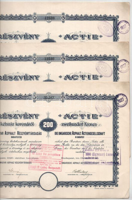 Budapest 1920. 'Magyar Asphalt Részvénytársaság' részvénye 200K-ról, magyar és német nyelven, szelvények nélkül, szárazpecséttel, felülbélyegzésekkel (3x) sorszámkövetők T:XF