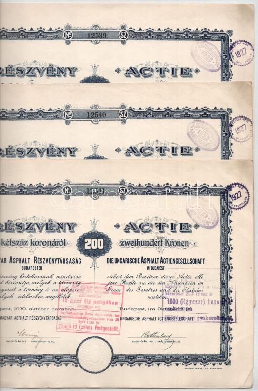 Budapest 1920. 'Magyar Asphalt Részvénytársaság' részvénye 200K-ról, magyar és német nyelven, szelvények nélkül, szárazpecséttel, felülbélyegzésekkel (3x) sorszámkövetők T:XF